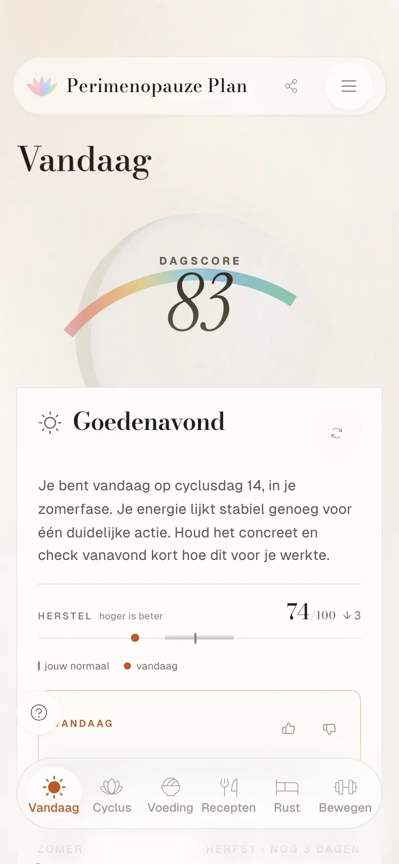 Het Vandaag-scherm van de Perimenopauze Plan app