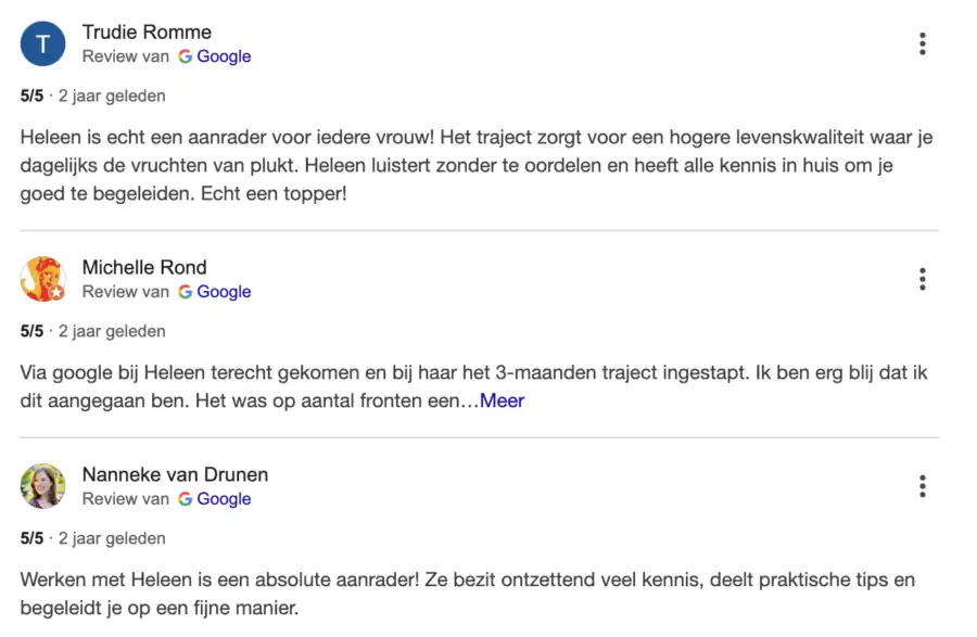 Recensies op google over Healthy met Heleen
