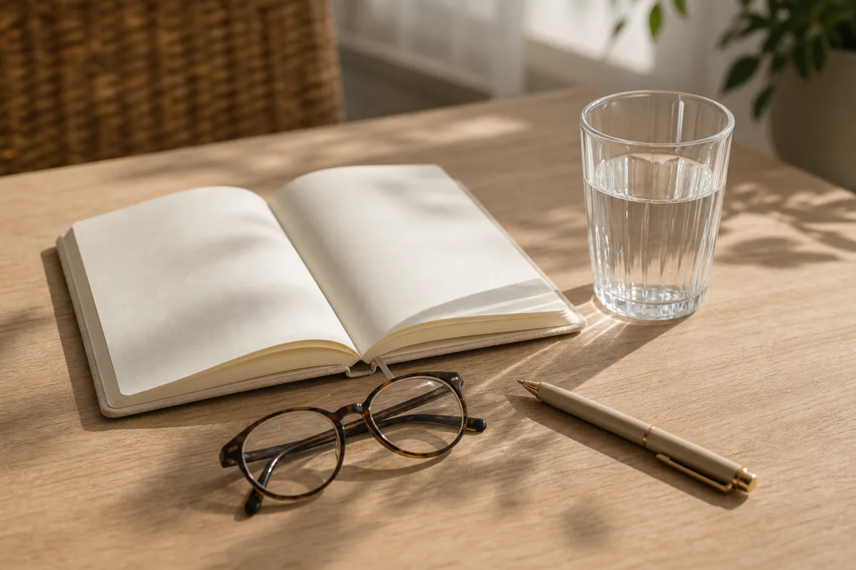 Open notitieboek, bril, pen en glas water als eenvoudige verwijzing naar focus en brain fog