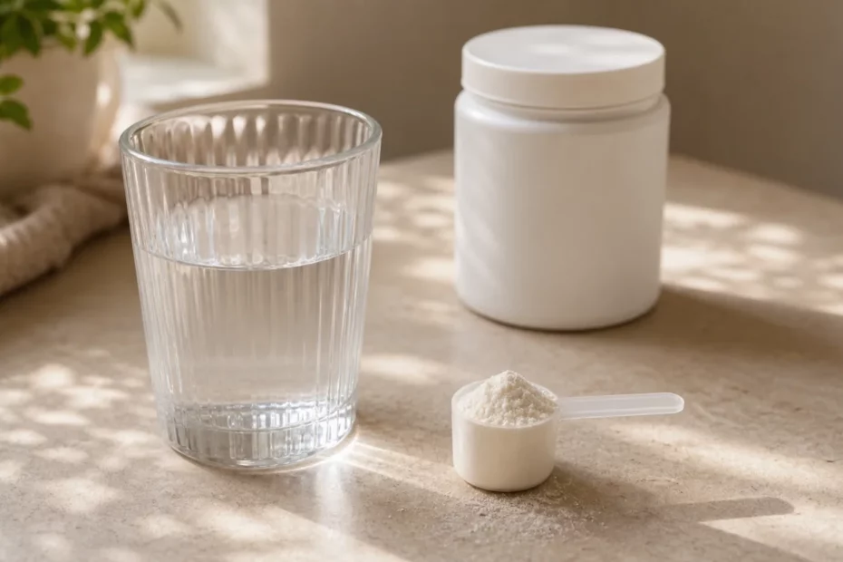 Glas water, schepje creatinepoeder en neutraal supplementpotje op een rustige tafel
