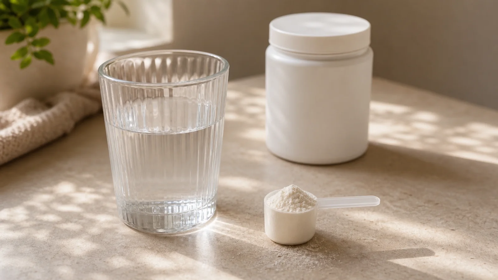 Glas water, schepje creatinepoeder en neutraal supplementpotje op een rustige tafel