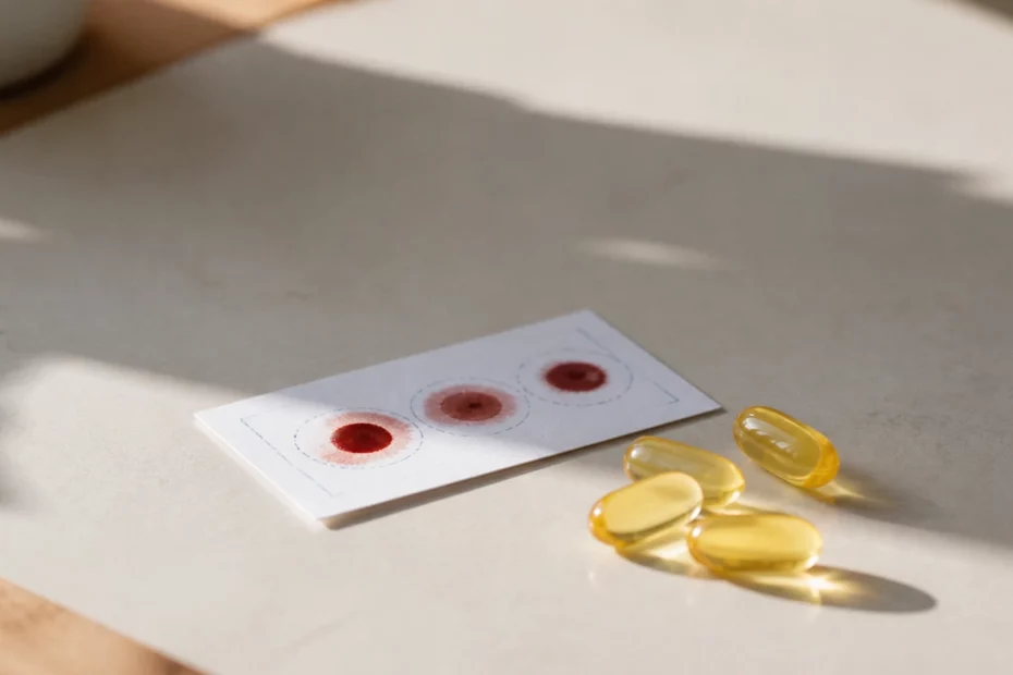 Levensechte foto van een omega-3 testkaart en enkele visoliecapsules