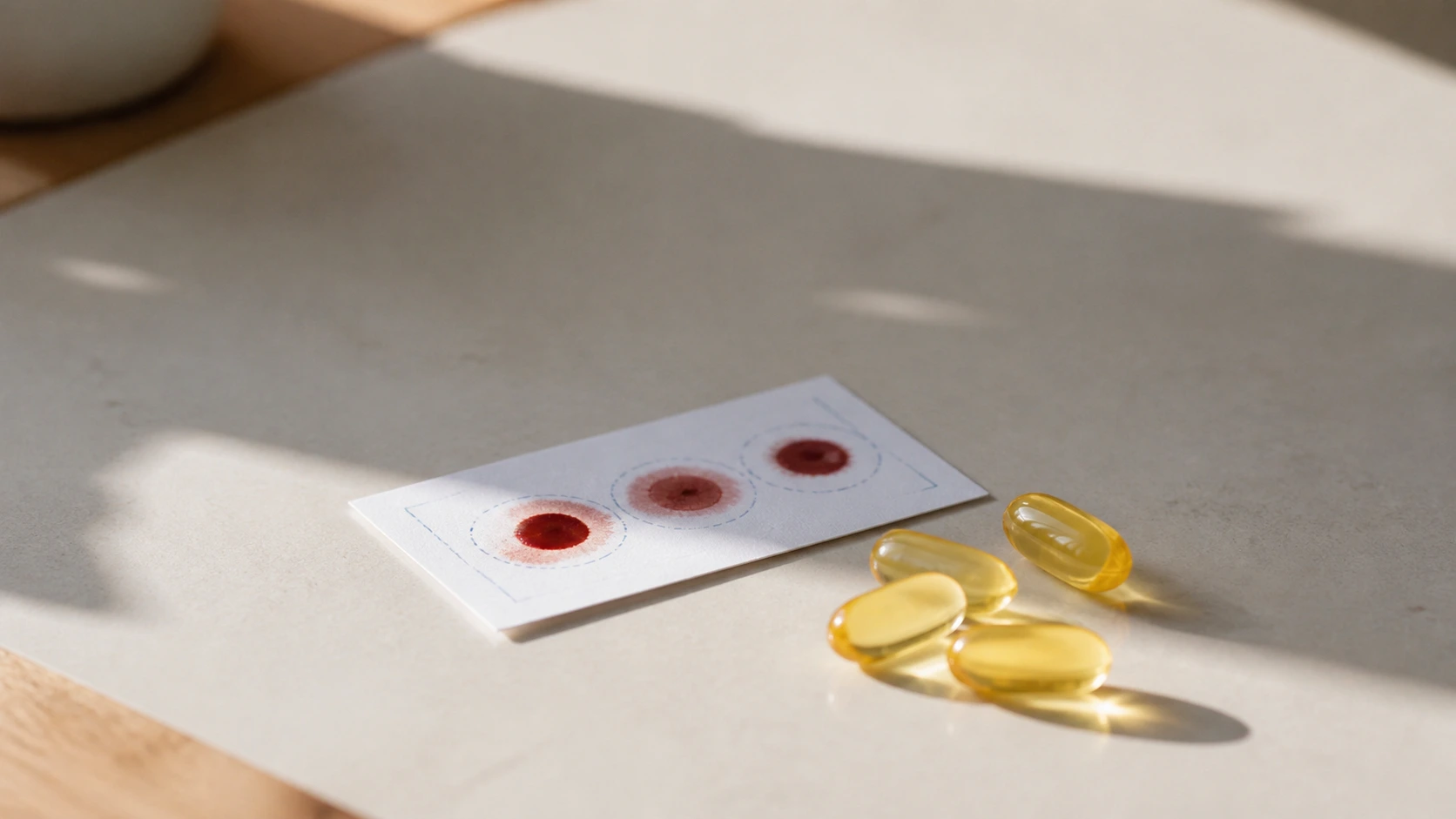 Levensechte foto van een omega-3 testkaart en enkele visoliecapsules
