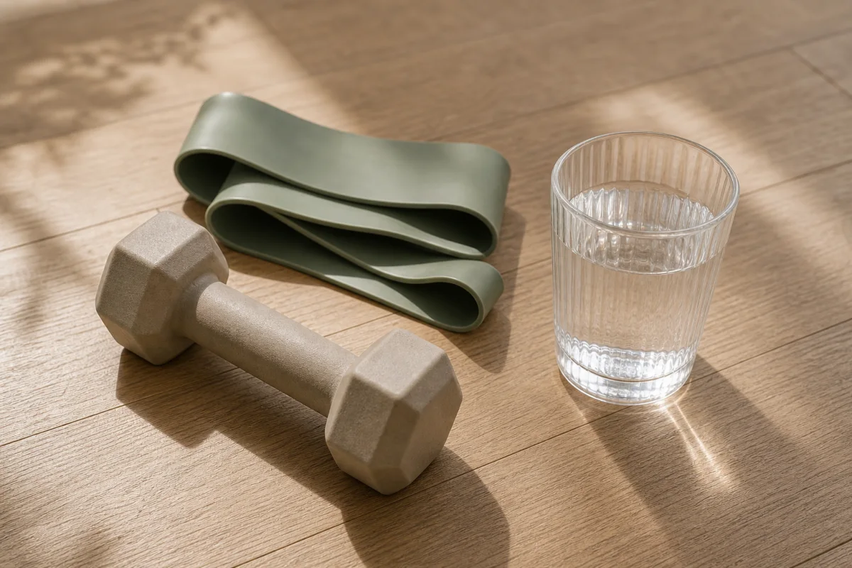 Weerstandsband, kleine dumbbell en glas water als eenvoudige basis voor krachttraining in de perimenopauze