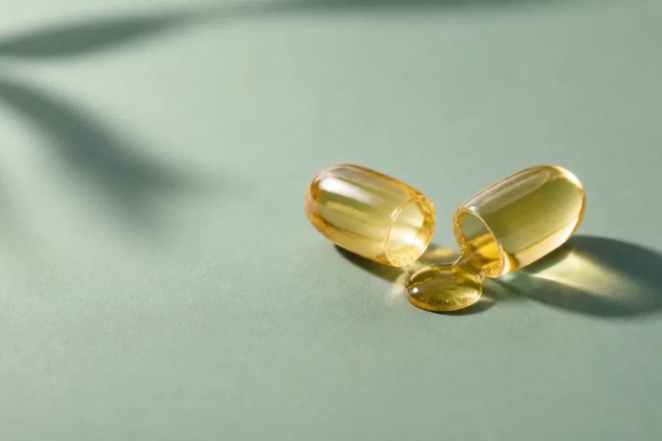 Open amberkleurige omega 3 capsule met gouden oliedruppel als beeld voor visolie kwaliteit